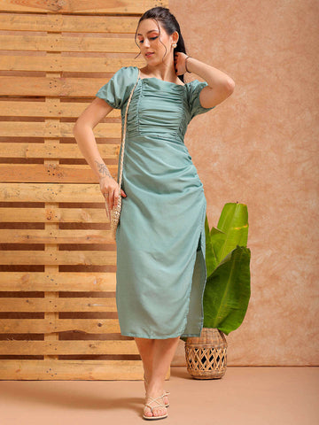 Shop Women's Green A line Solid Casual Pleated Dress Online.