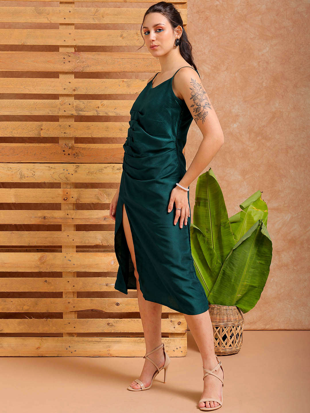 Shop Women's Green A Line Solid Casual Slip Dress Online.