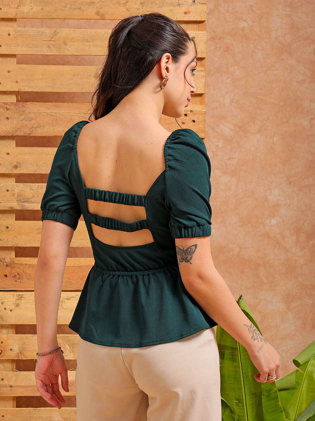 Shop Women's Green Fit and Flare Textured Peplum Top Online.