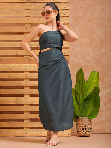 Shop Women's Green Fitted Solid Partywear One Shoulder Dress Online.