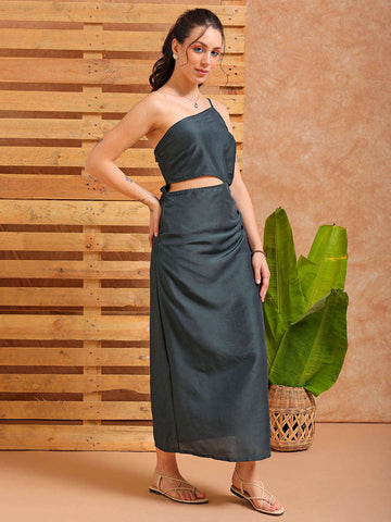 Shop Women's Green Fitted Solid Partywear One Shoulder Dress Online.
