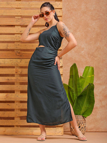 Shop Women's Green Fitted Solid Partywear One Shoulder Dress Online.