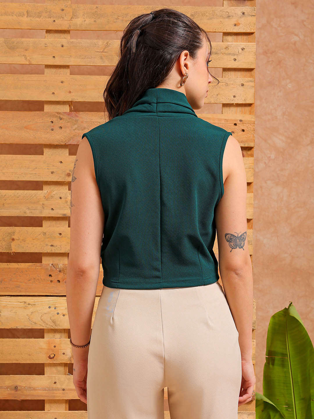 Shop Women's Green Fitted Textured Draped Top Online.