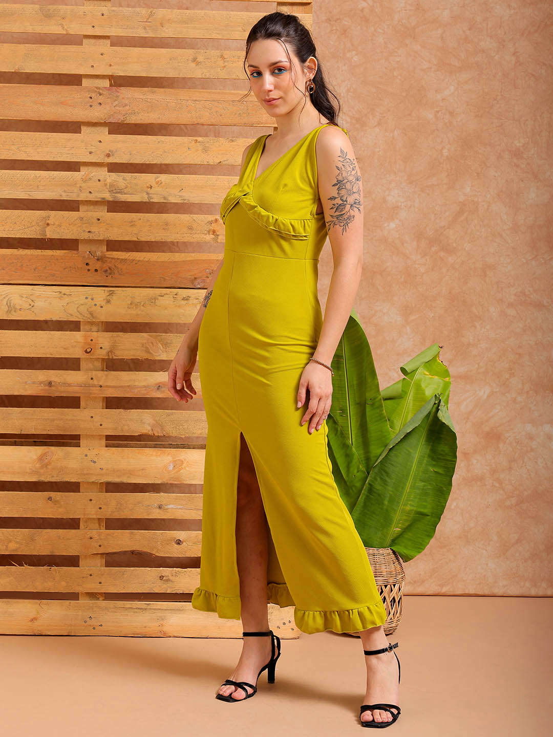 Shop Women's Green Fitted Textured Partywear Ruffle Dress Online.