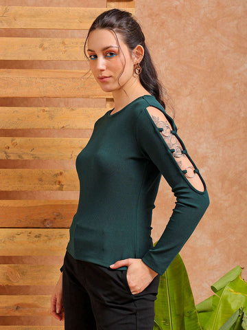 Shop Women's Green Fitted Textured Regular Top Online.
