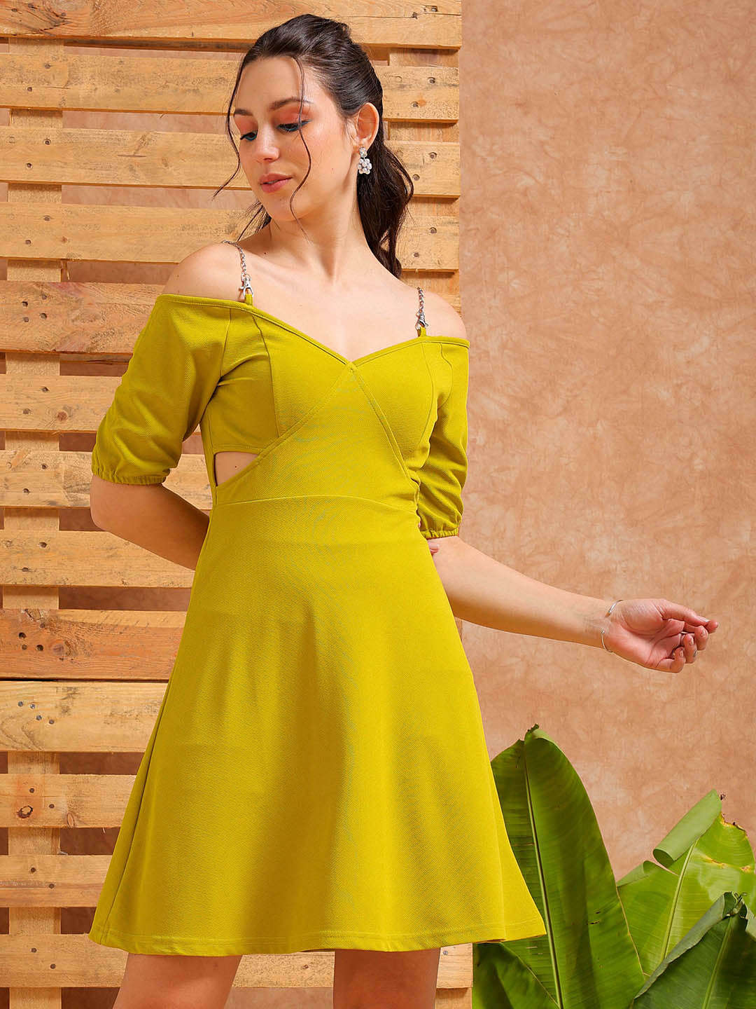 Shop Women's Green Regular Fit Textured Partywear Skater Dress Online.