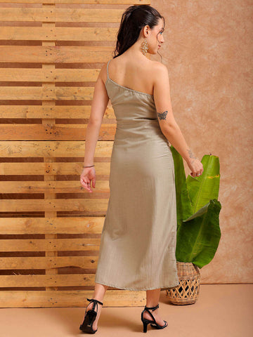 Shop Women's Grey Fitted Solid Partywear One Shoulder Dress Online.