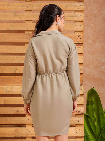 Shop Women's Grey Regular Fit Solid Casual Ruched Dress Online.