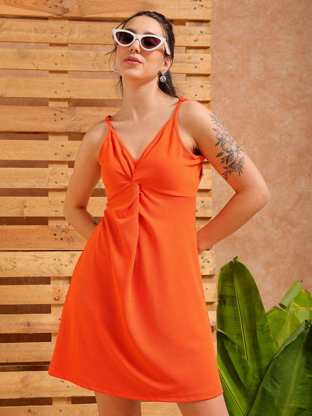 Shop Women's Orange Fit and Flare Textured Casual Slip Dress Online.