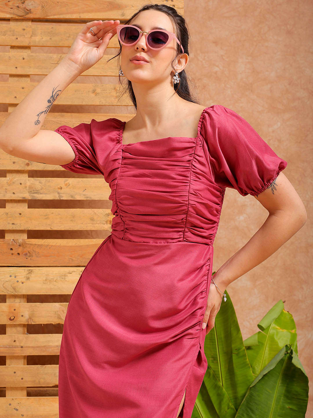 Shop Women's Pink A line Solid Casual Pleated Dress Online.