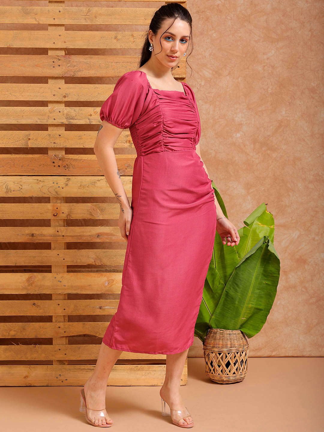 Shop Women's Pink A line Solid Casual Pleated Dress Online.