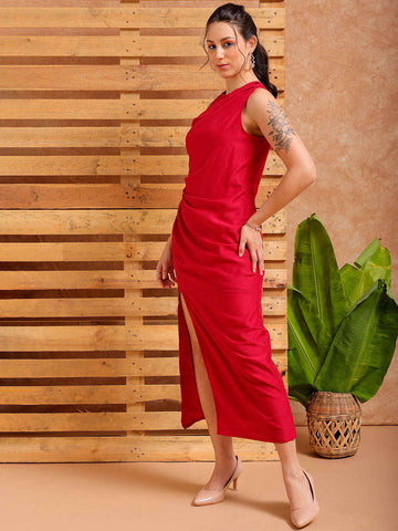 Shop Women's Pink A line Solid Partywear Draped Dress Online.