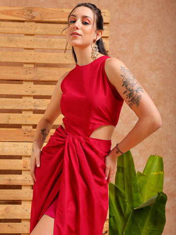 Shop Women's Pink Fit and Flare Solid Partywear Cut Out Dress Online.