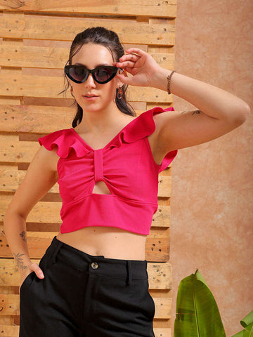 Shop Women's Pink Fitted Textured Ruffle Top Online.