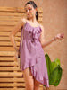 Shop Women's Purple Fit and Flare Solid Partywear Asymmetric Dress Online.