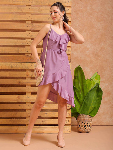 Shop Women's Purple Fit and Flare Solid Partywear Asymmetric Dress Online.