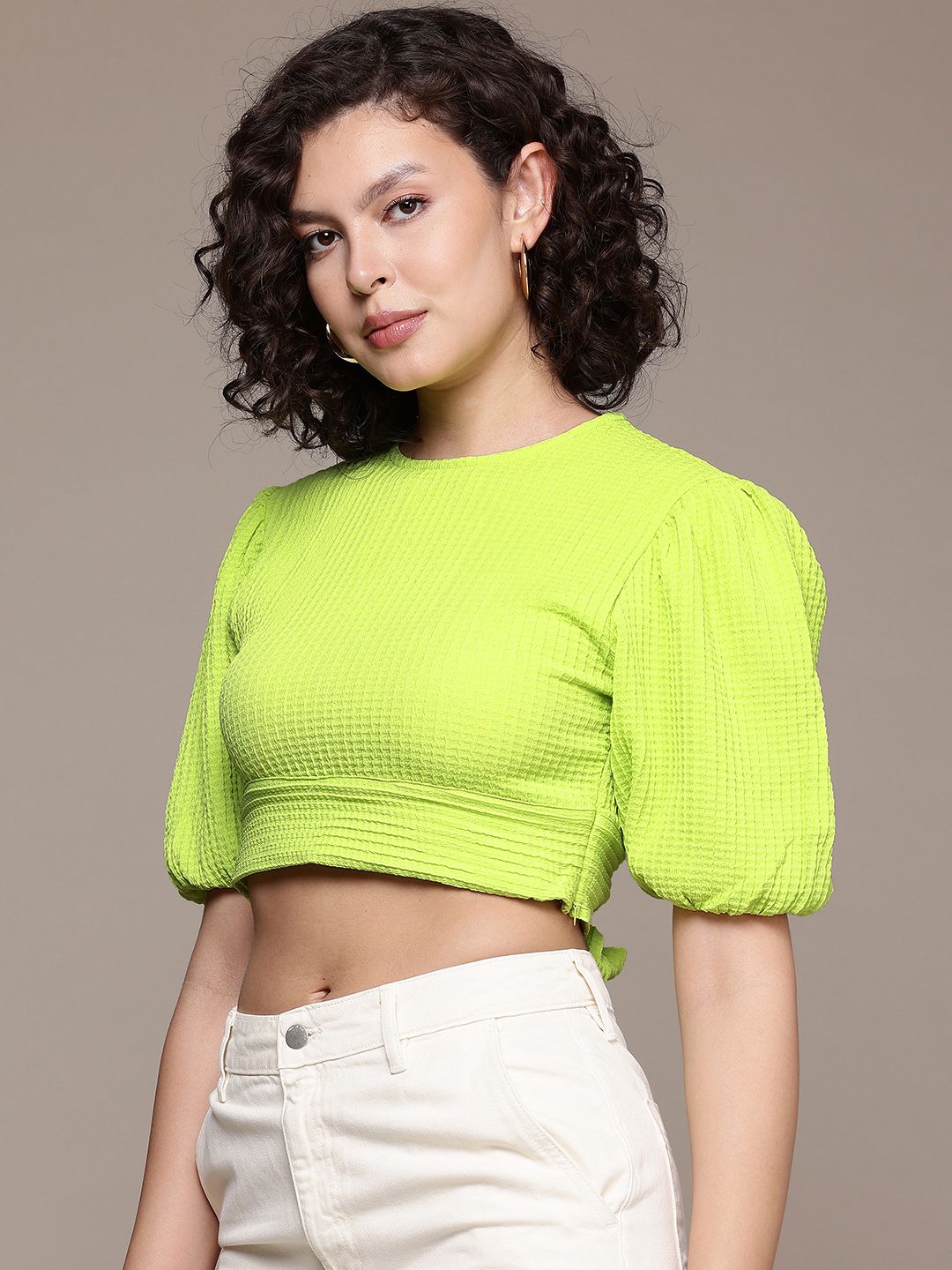 Freehand by The Indian Garage Co Women Regular Fit Textured Designer Back  Tie Up Top