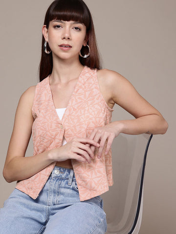 Freehand Peach The Indian Garage Co Women Fitted Textured Cinched Waist Top