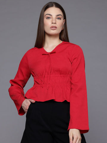 Freehand by The Indian Garage Co Women Regular Fit Textured Cinched Waist Top