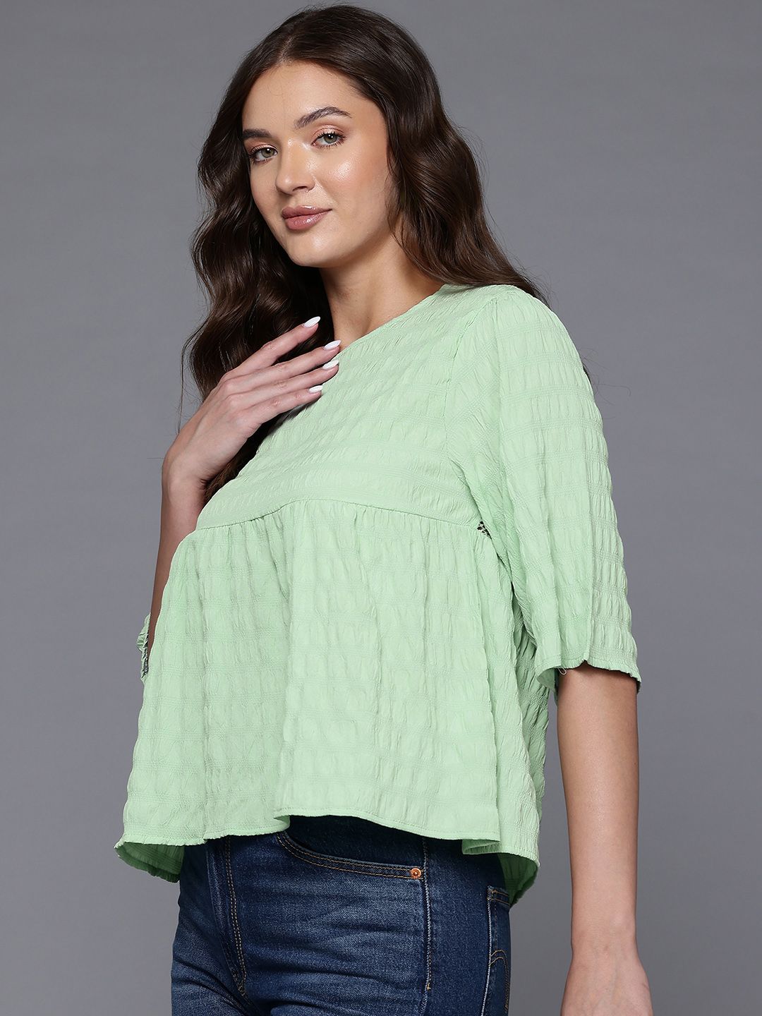 Freehand by The Indian Garage Co Women Loose Fit Textured Regular Top