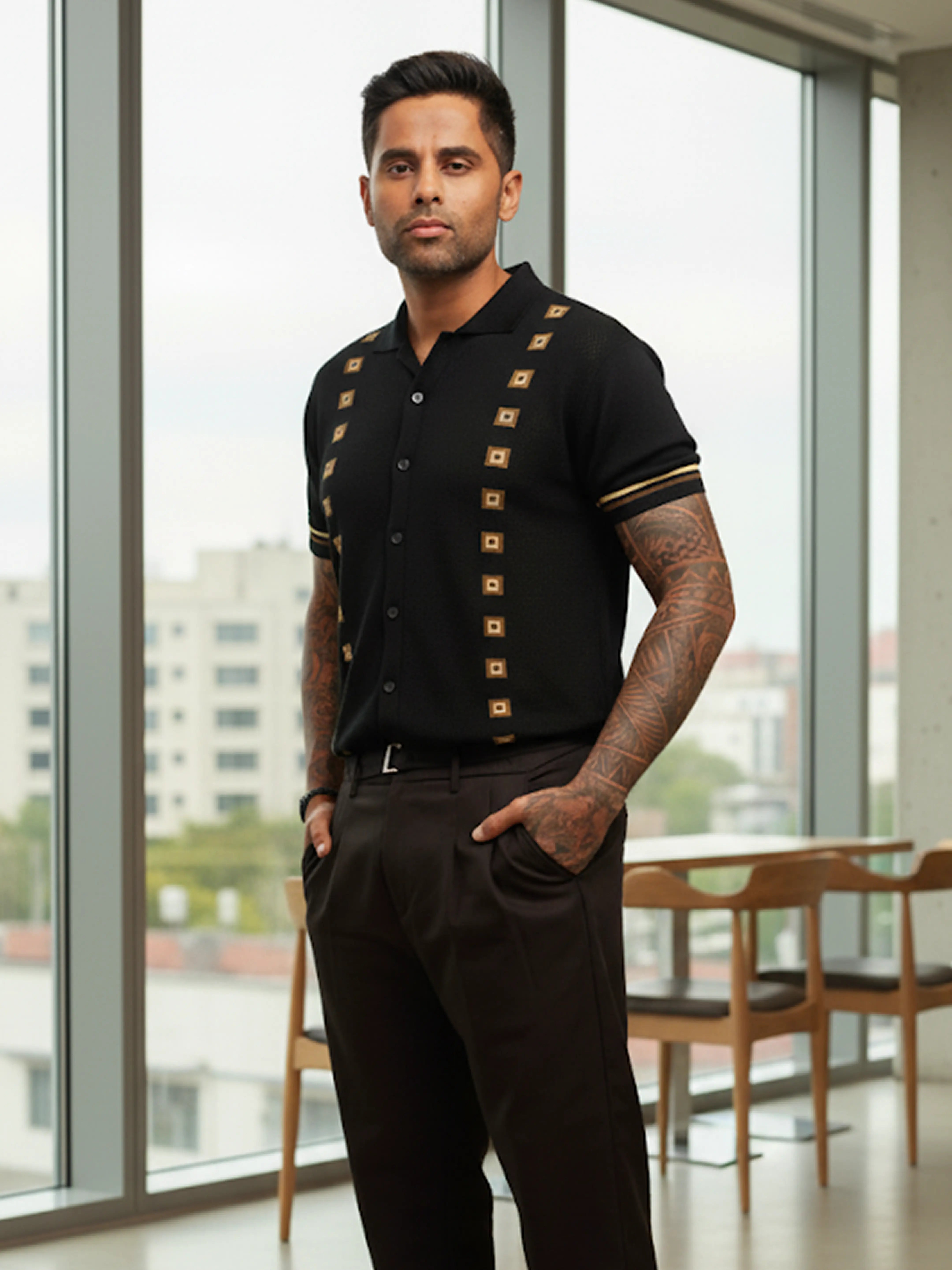 Men's Black Slim Fit Textured Flat Knit Shirt
