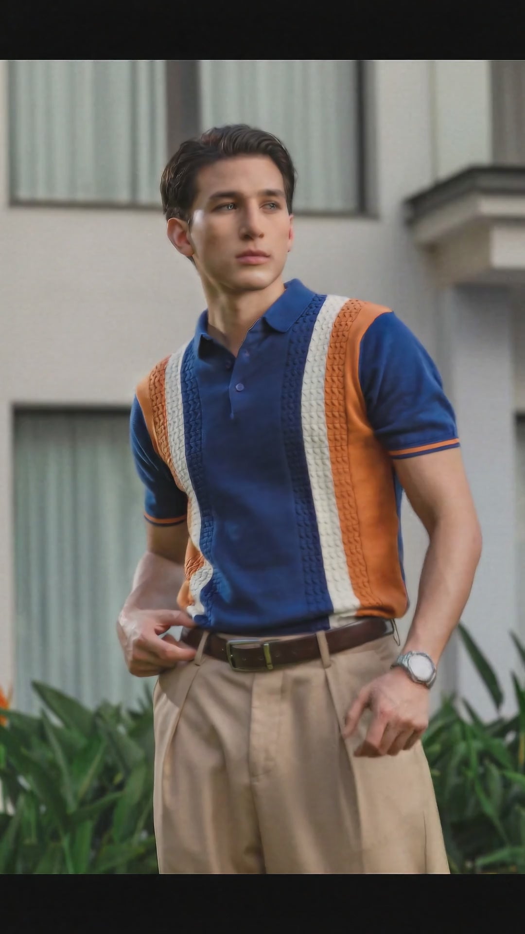 Men's Blue Slim Fit Textured Flat Knit Polo Collar T-Shirt