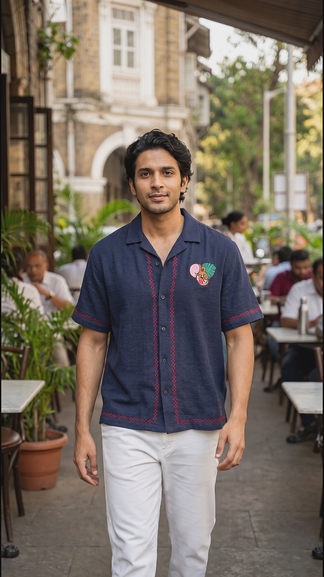 Men's Blue Relaxed Fit Embroidered Tom&Jerry Character Shirt