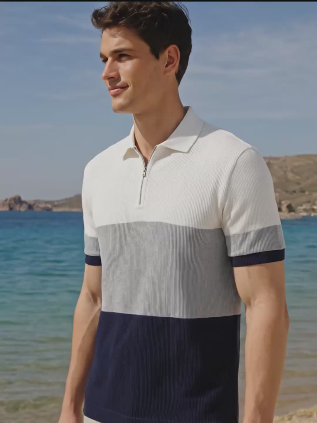 Men's White Slim Fit Striped Flat Knit Polo Collar T-Shirt