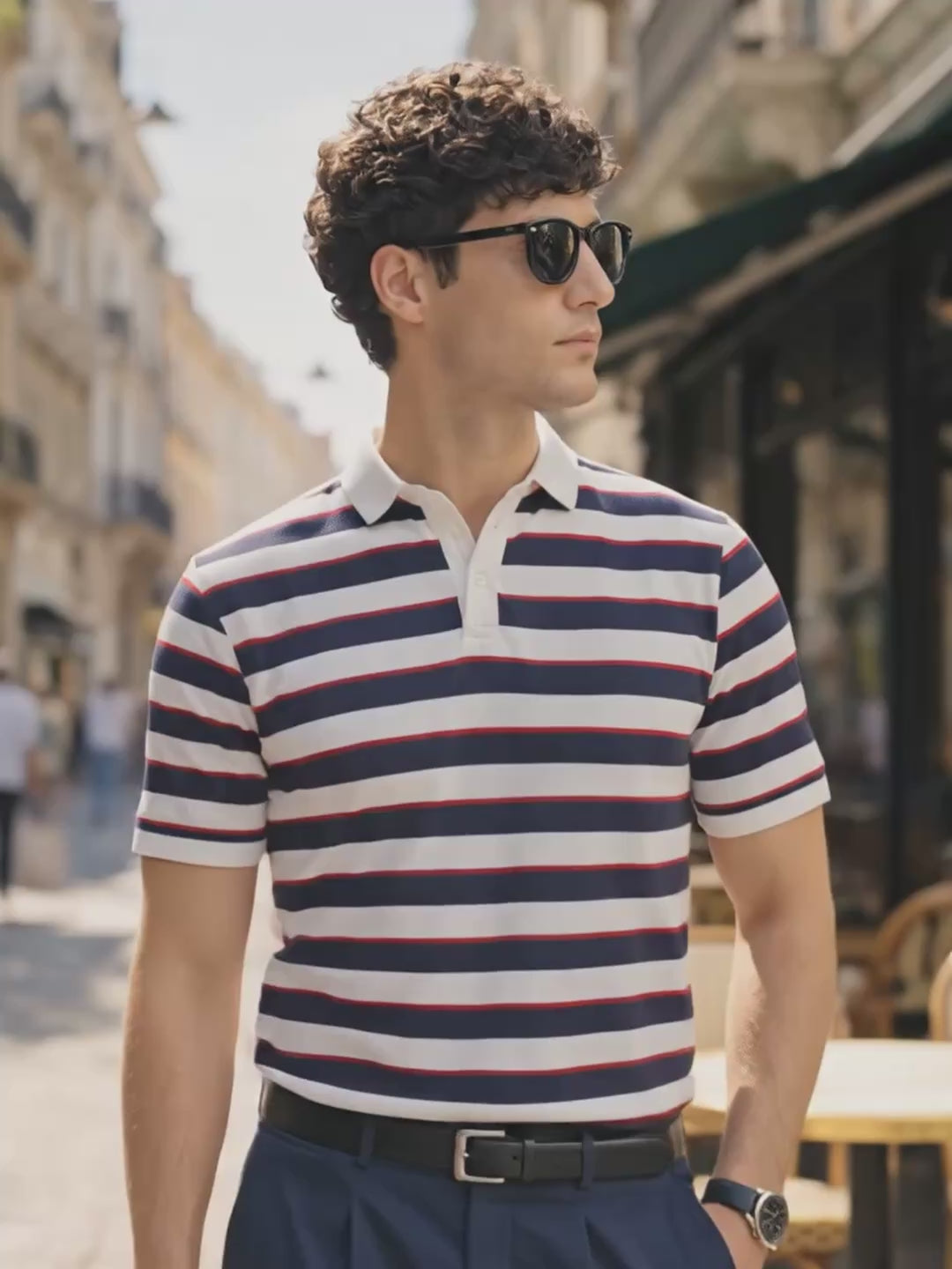 Men's White Slim Fit Striped Flat Knit Polo Collar T-Shirt