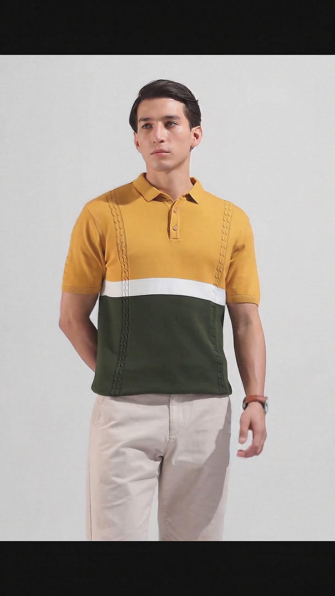 Men's Yellow Slim Fit Textured Flat Knit Polo Collar T-Shirt
