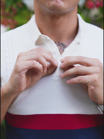 Men's White Slim Fit Textured Flat Knit Polo Collar T-Shirt