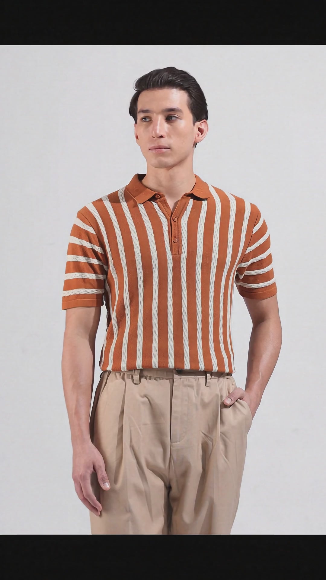 Men's Rust Slim Fit Textured Flat Knit Polo Collar T-Shirt