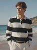 Men's White Slim Fit Striped Flat Knit Polo Collar T-Shirt