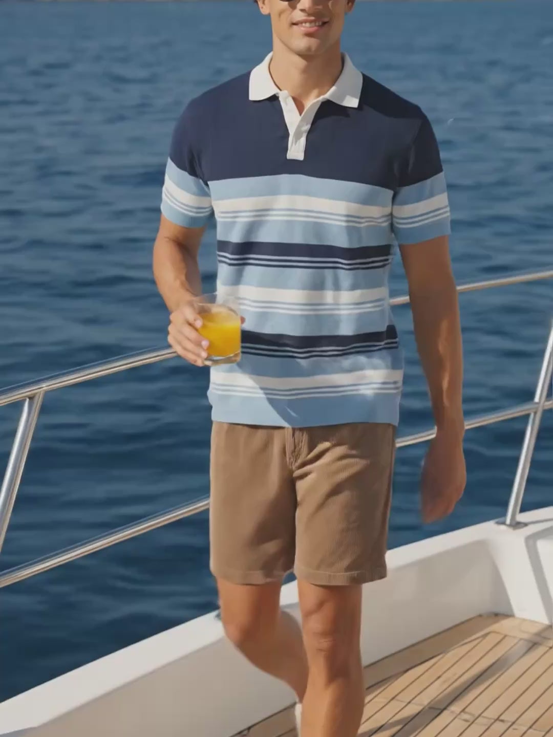 Men's Blue Slim Fit Striped Flat Knit Polo Collar T-Shirt