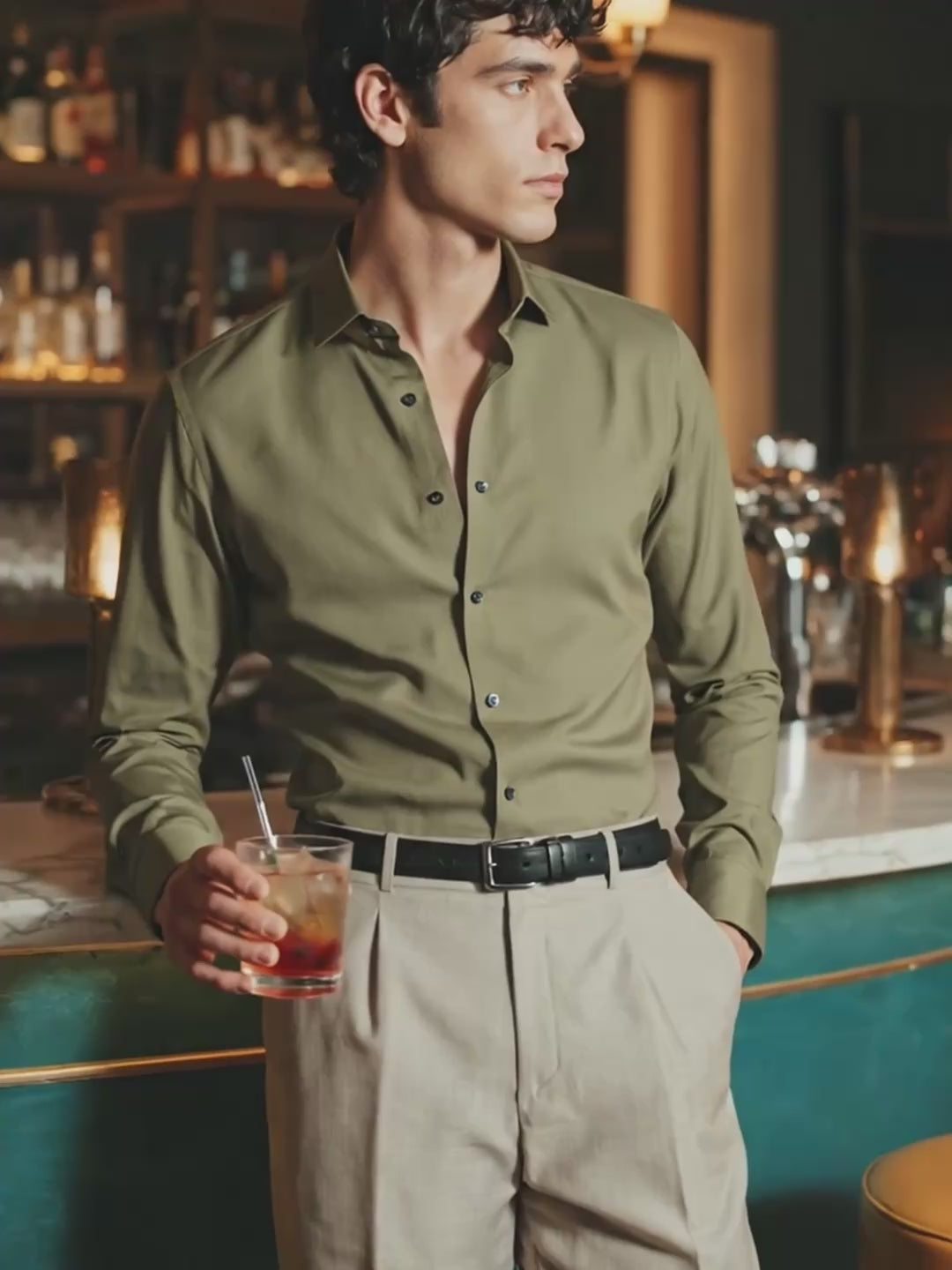 Men's Green Slim Fit Solid Party Wear Shirt