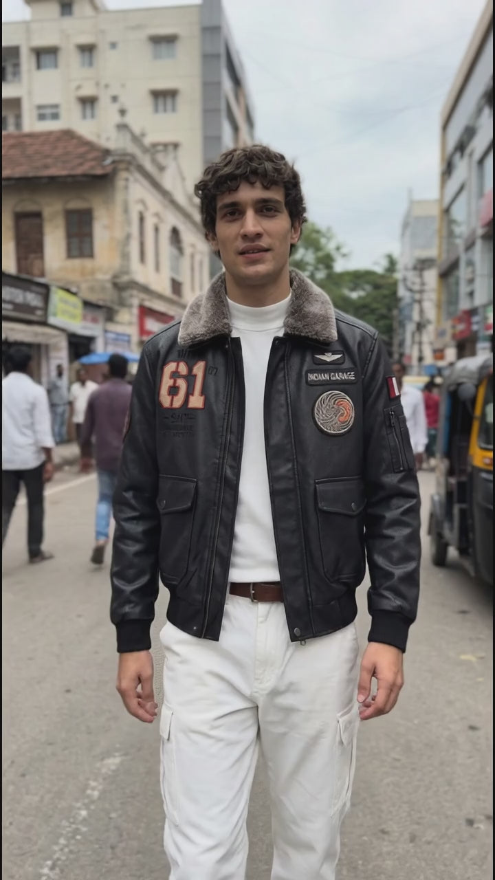 Men's Black Regular Fit Embroidered Casual Biker Jacket