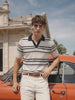 Men's White Slim Fit Striped Flat Knit Johnny Collar Polo T-Shirt