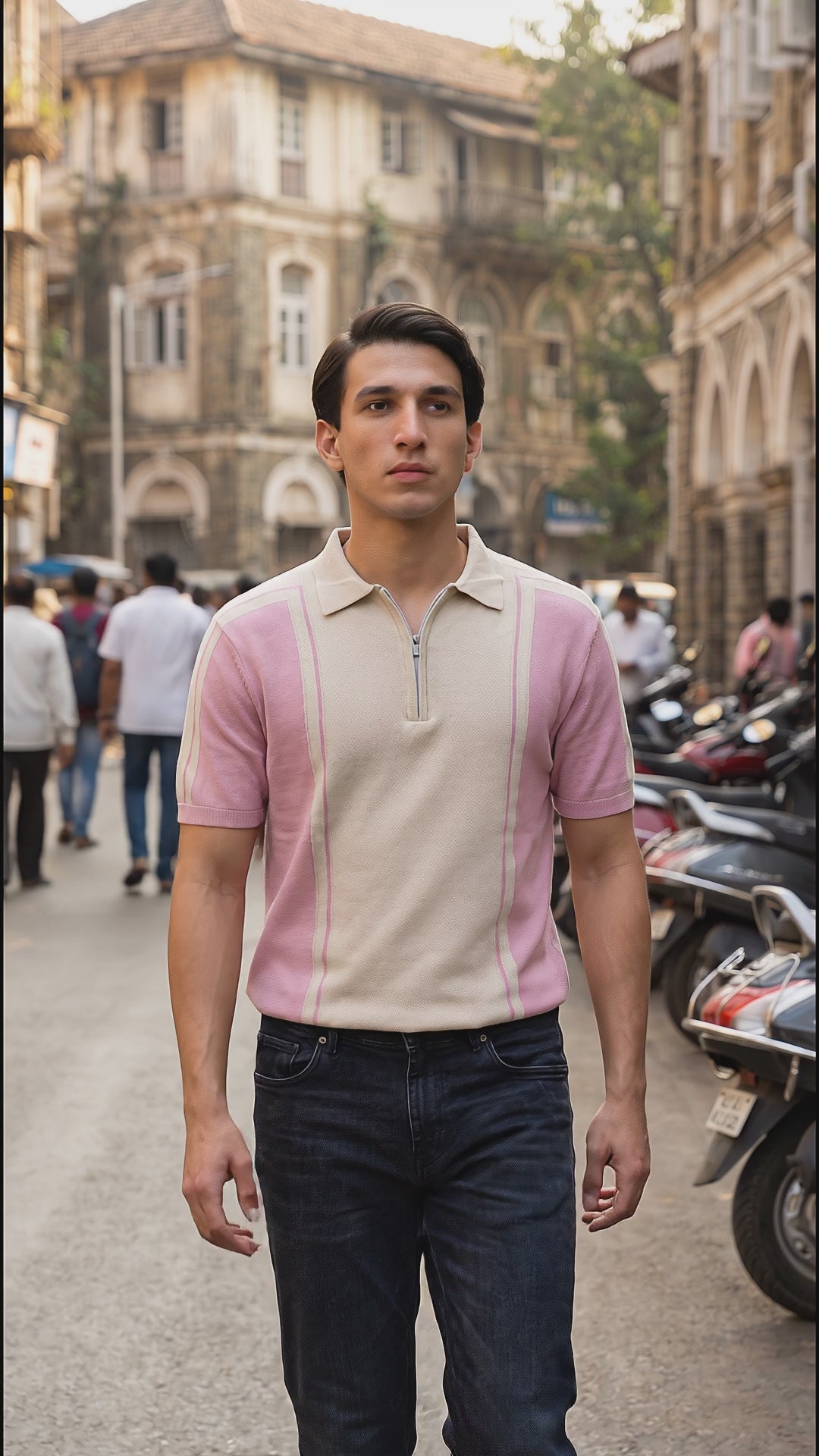 Men's Pink Slim Fit Textured Flat Knit Polo Collar T-Shirt