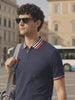 Men's Navy Blue Slim Fit Solid Flat Knit Polo T-Shirt