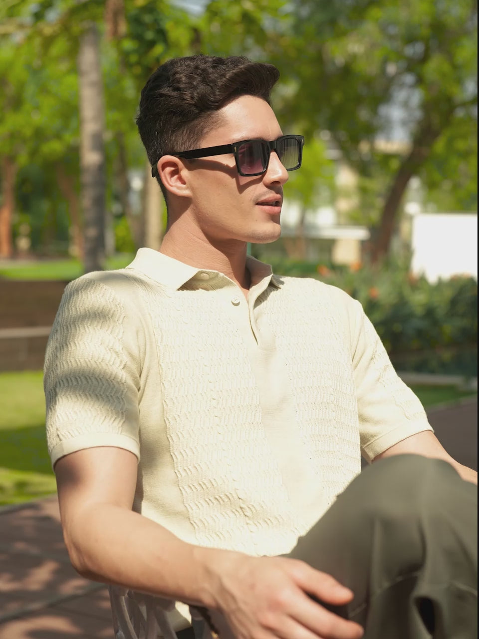 Men's Cream Slim Fit Textured Flat Knit Polo Collar T-Shirt