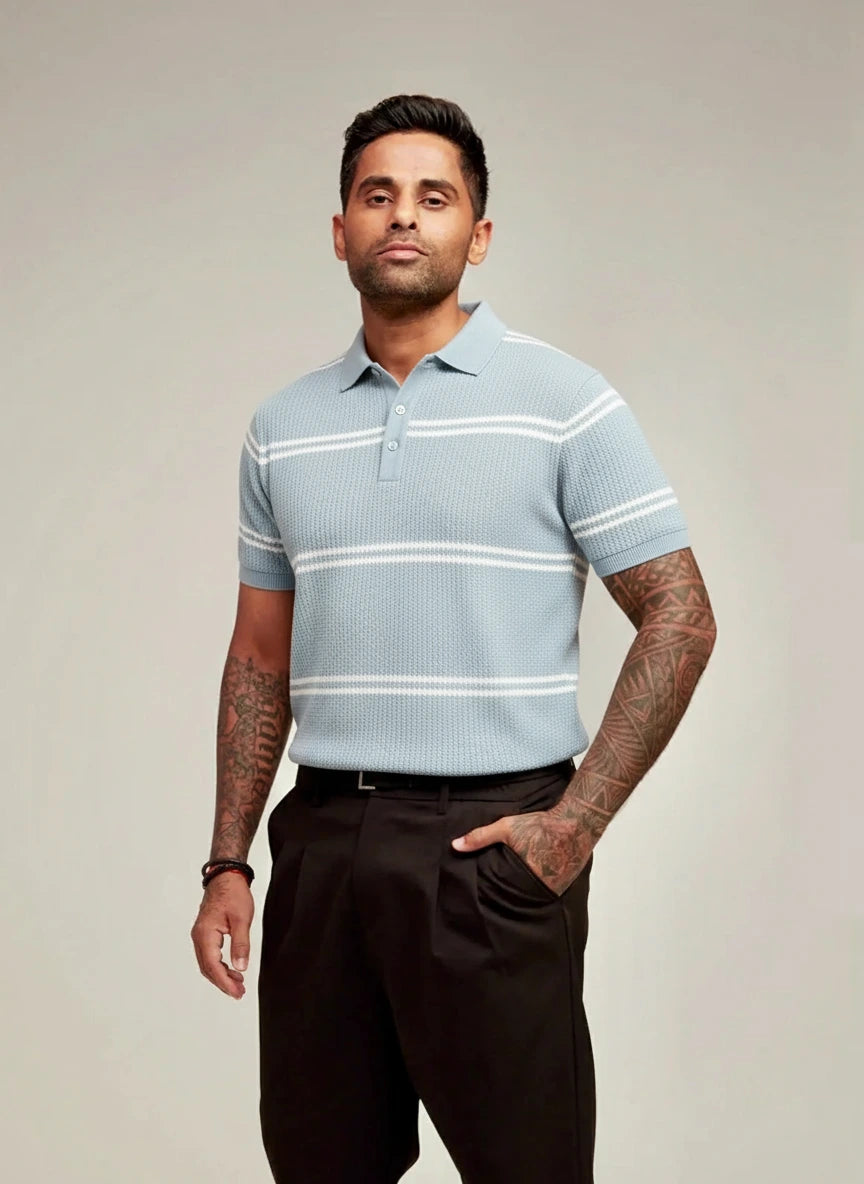 Men's Blue Slim Fit Textured Flat Knit Polo Collar T-Shirt