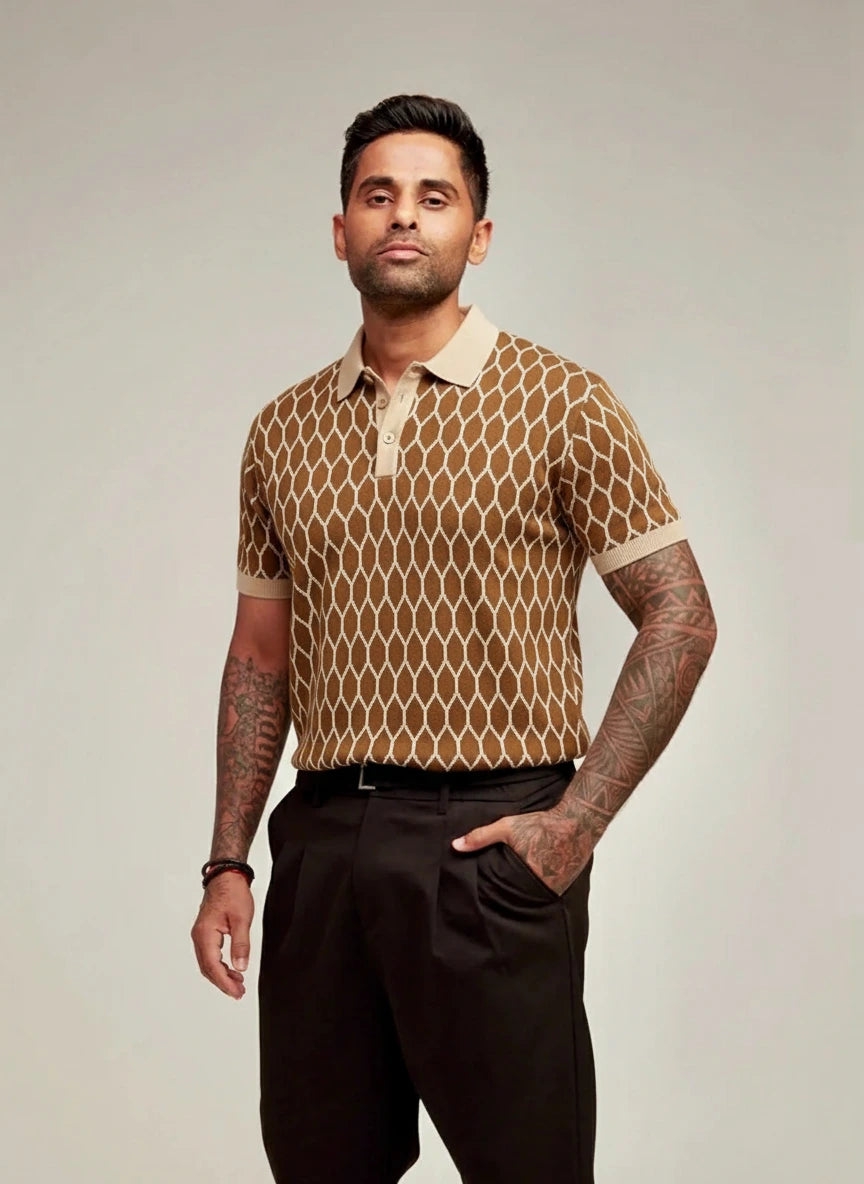 Men's Brown Slim Fit Textured Flat Knit T-Shirt