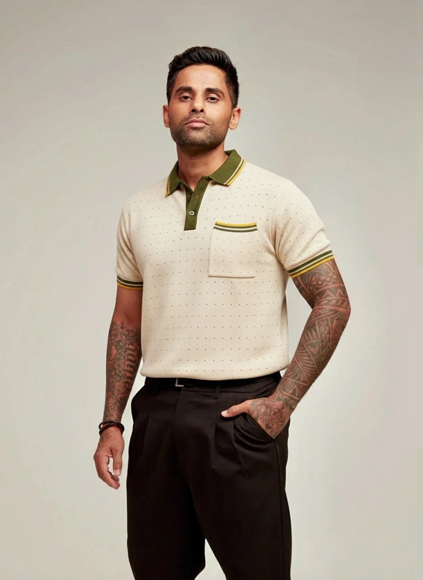 Men's Cream Slim Fit Textured Flat Knit Polo Collar T-Shirt