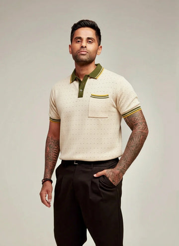 Men's Cream Slim Fit Textured Flat Knit Polo Collar T-Shirt