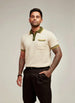 Men's Cream Slim Fit Textured Flat Knit Polo Collar T-Shirt