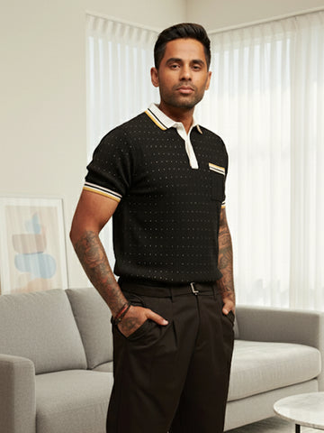 Men's Black Slim Fit Textured Flat Knit Polo Collar T-Shirt