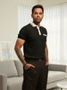 Men's Black Slim Fit Textured Flat Knit Polo Collar T-Shirt