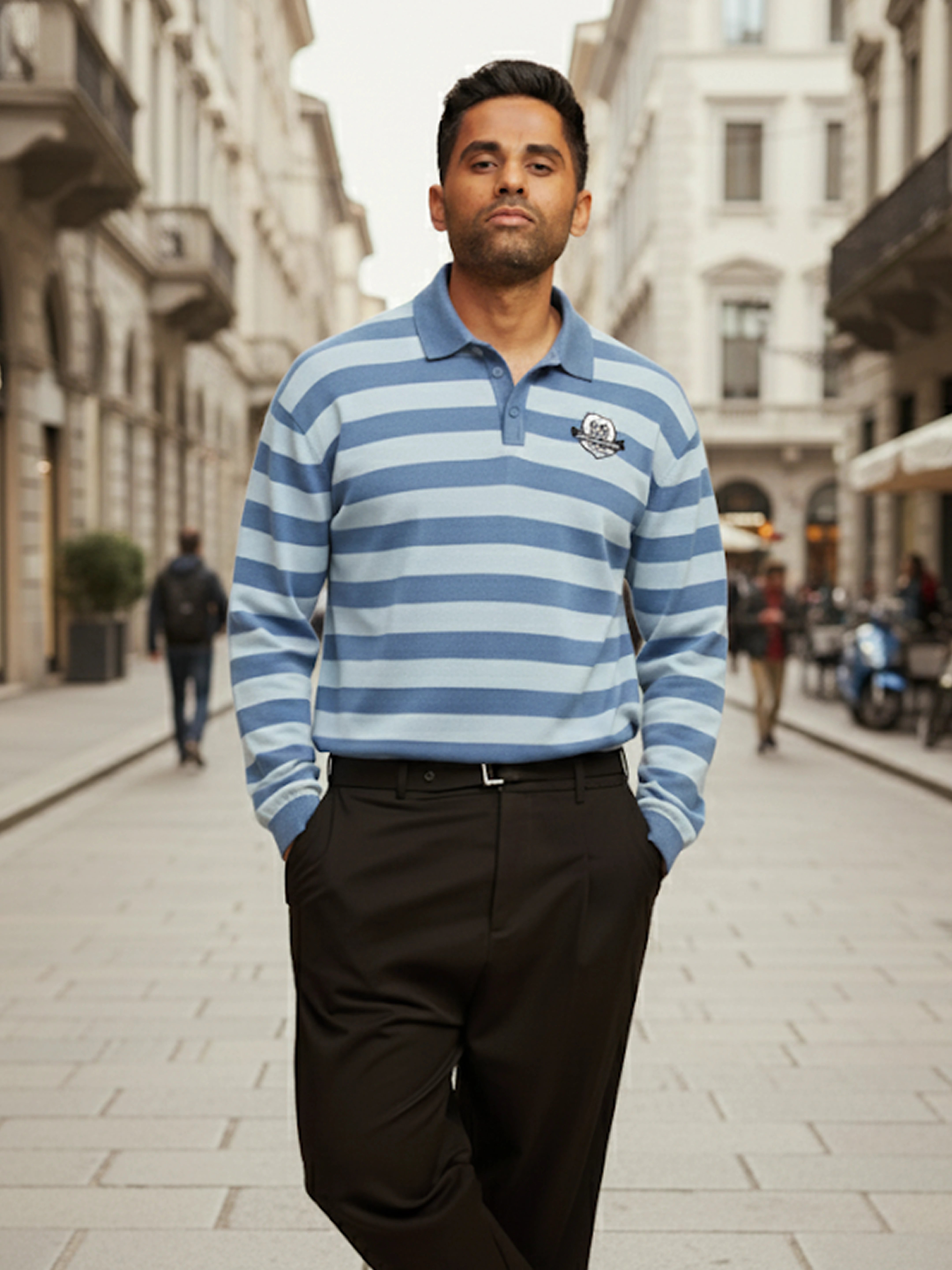 Men's Dark Blue Oversized Fit Striped Flat Knit T-Shirt