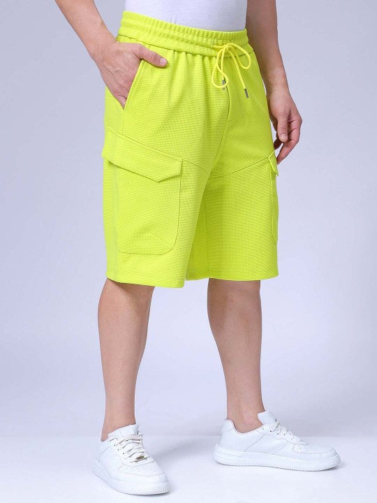 Men's Cyber Lime Relaxed Fit Textured Utility Shorts