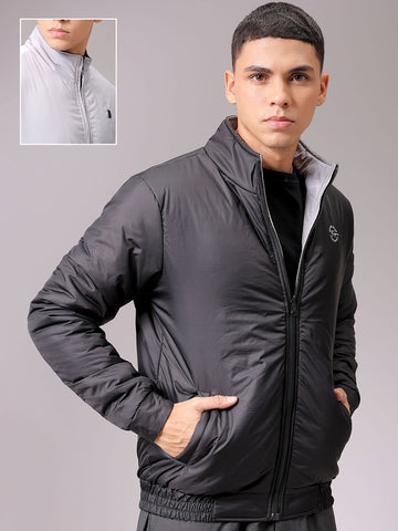 Men's Black Slim Fit Solid Reversible Jacket